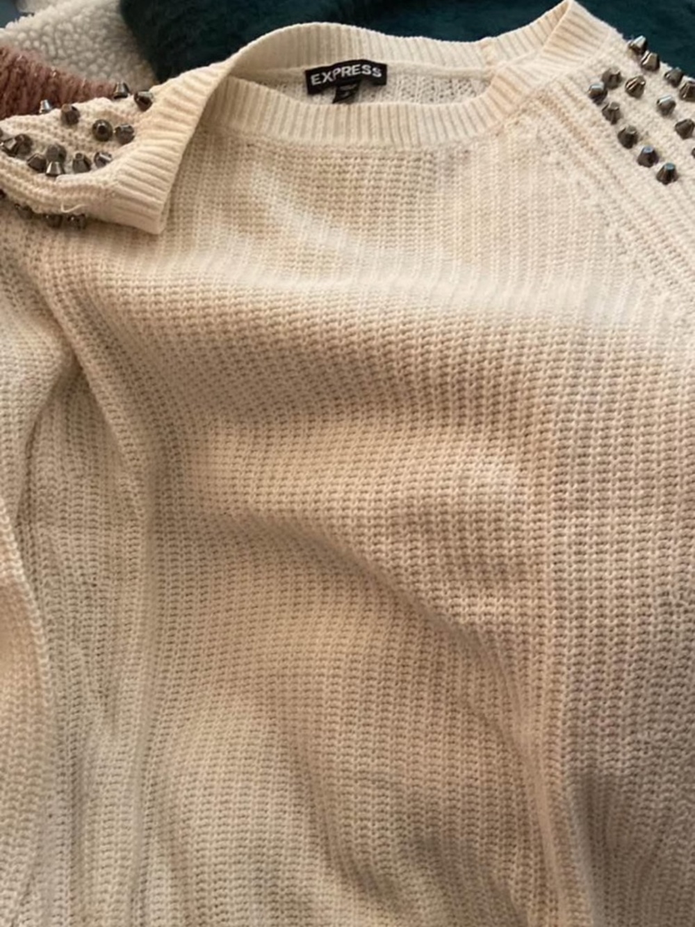 Express Cream Crewneck Sweater with Shoulder Studs
